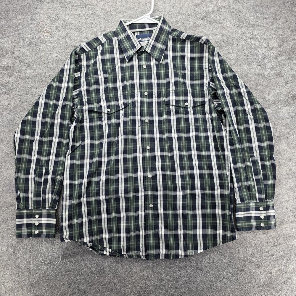 Wrangler Shirt Mens L Blue Plaid Long Sleeve Button Up Regular Fit Cotton